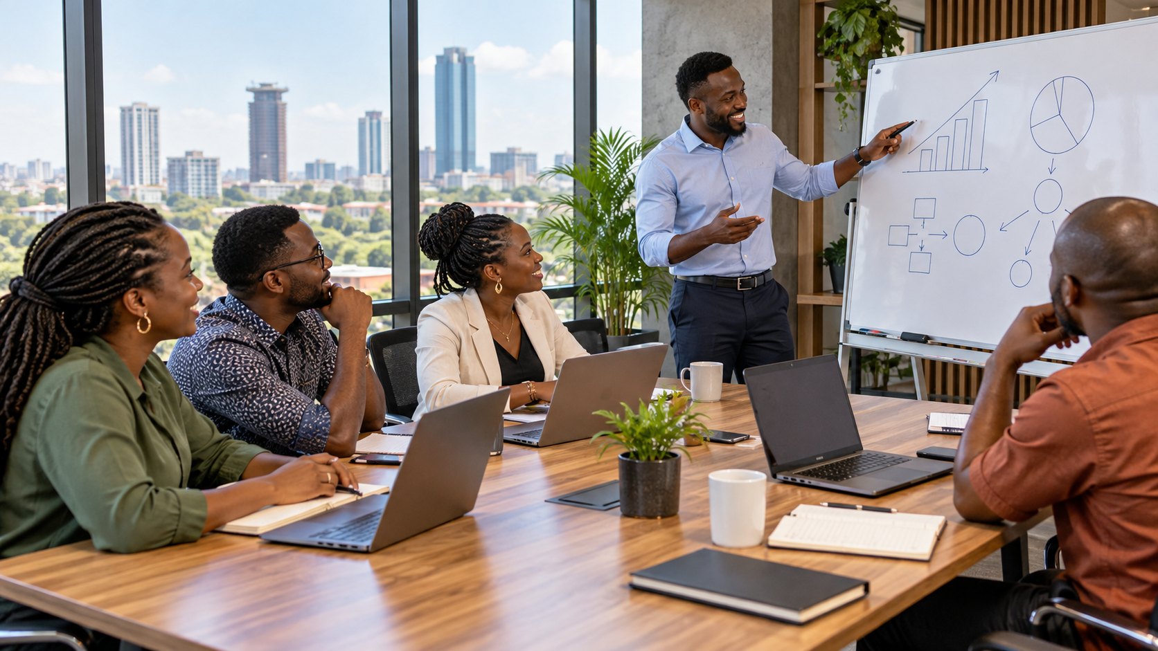 A group working through ideas at a whiteboard